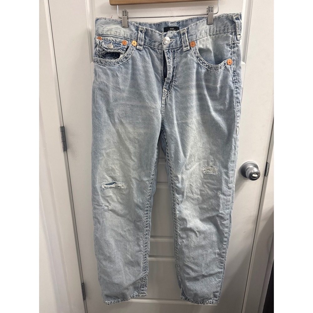 True Religion Bobby Relaxed Baggy Jeans Light Wash Distressed Blue Mens 34